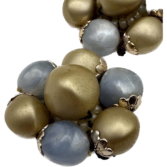 Vintage West Germany Miriam Haskell Style Blue Gold Bead Clip On Earrings Retro - Picture 2 of 3